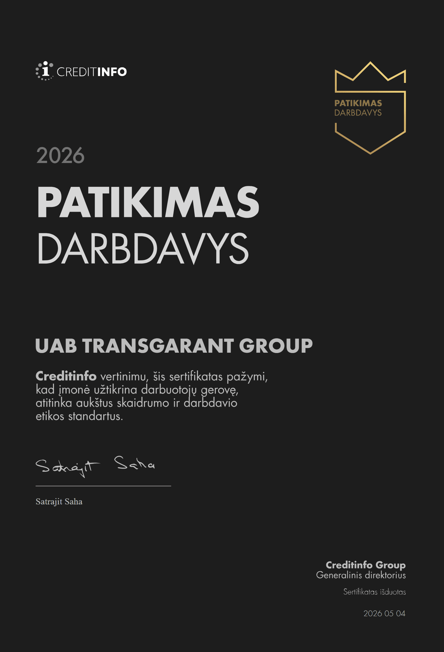 Certificat Employeur de confiance 2026 de UAB TRANSGARANT GROUP